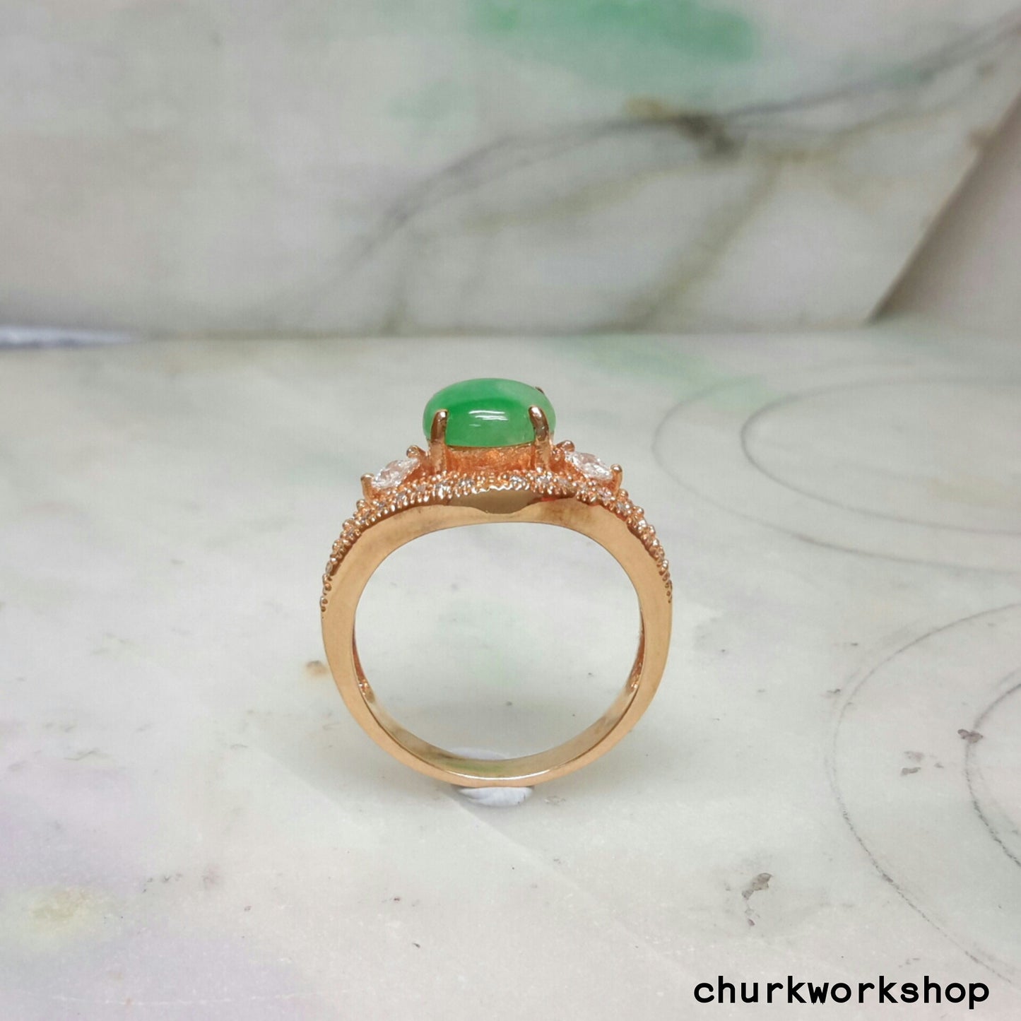 Green jade ring silver plate with rose gold color