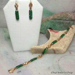 Green jade earrings, bracelet set 14k yellow gold
