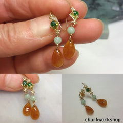Jade earrings, dangling jade earrings, red jade earrings, 14K jade earrings, jade earrings
