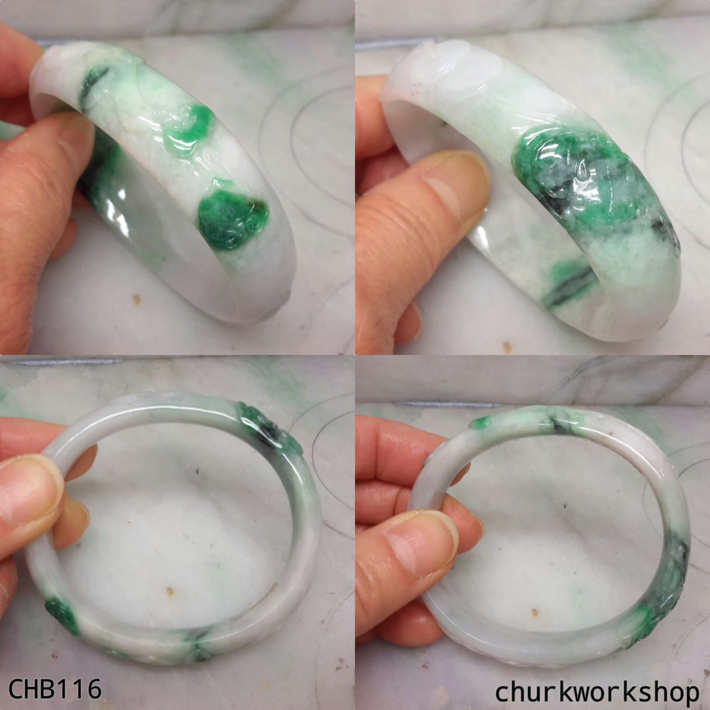 Carved green jade bangle