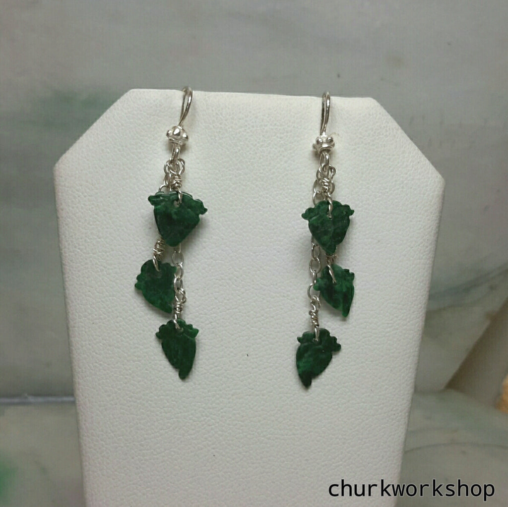 Dark green jade leaves silver earrings