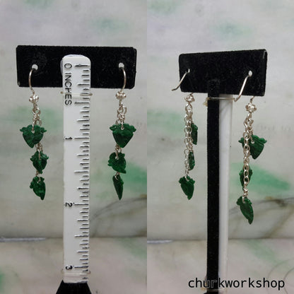 Dark green jade leaves silver earrings