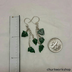 Dark green jade leaves silver earrings