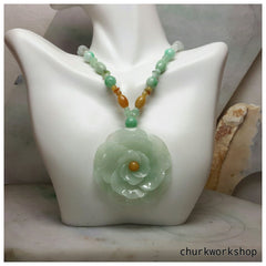 Natural color jade flower with jade beads necklace