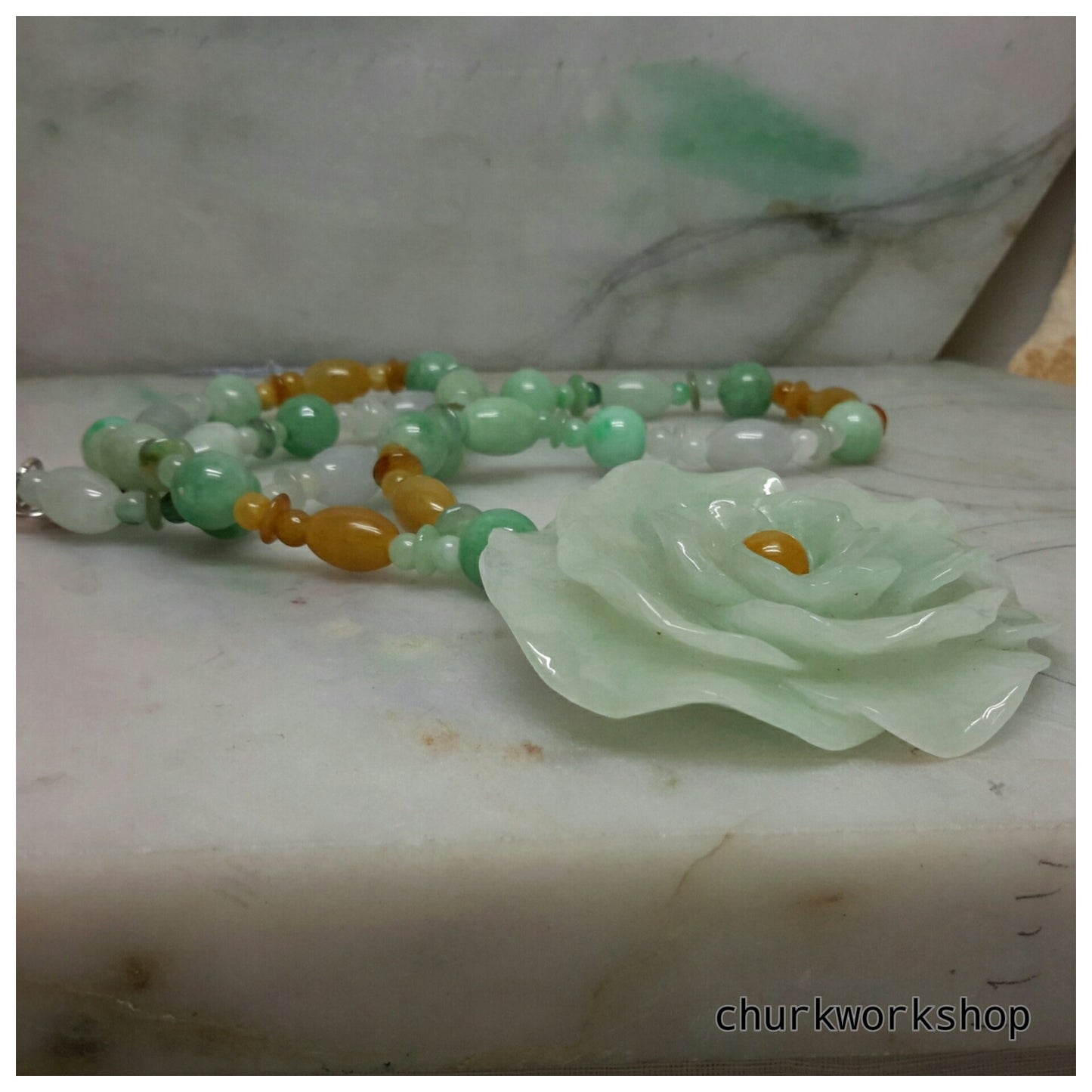 Natural color jade flower with jade beads necklace