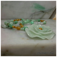Natural color jade flower with jade beads necklace