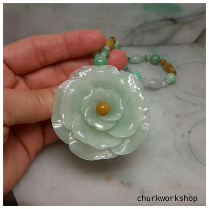 Natural color jade flower with jade beads necklace