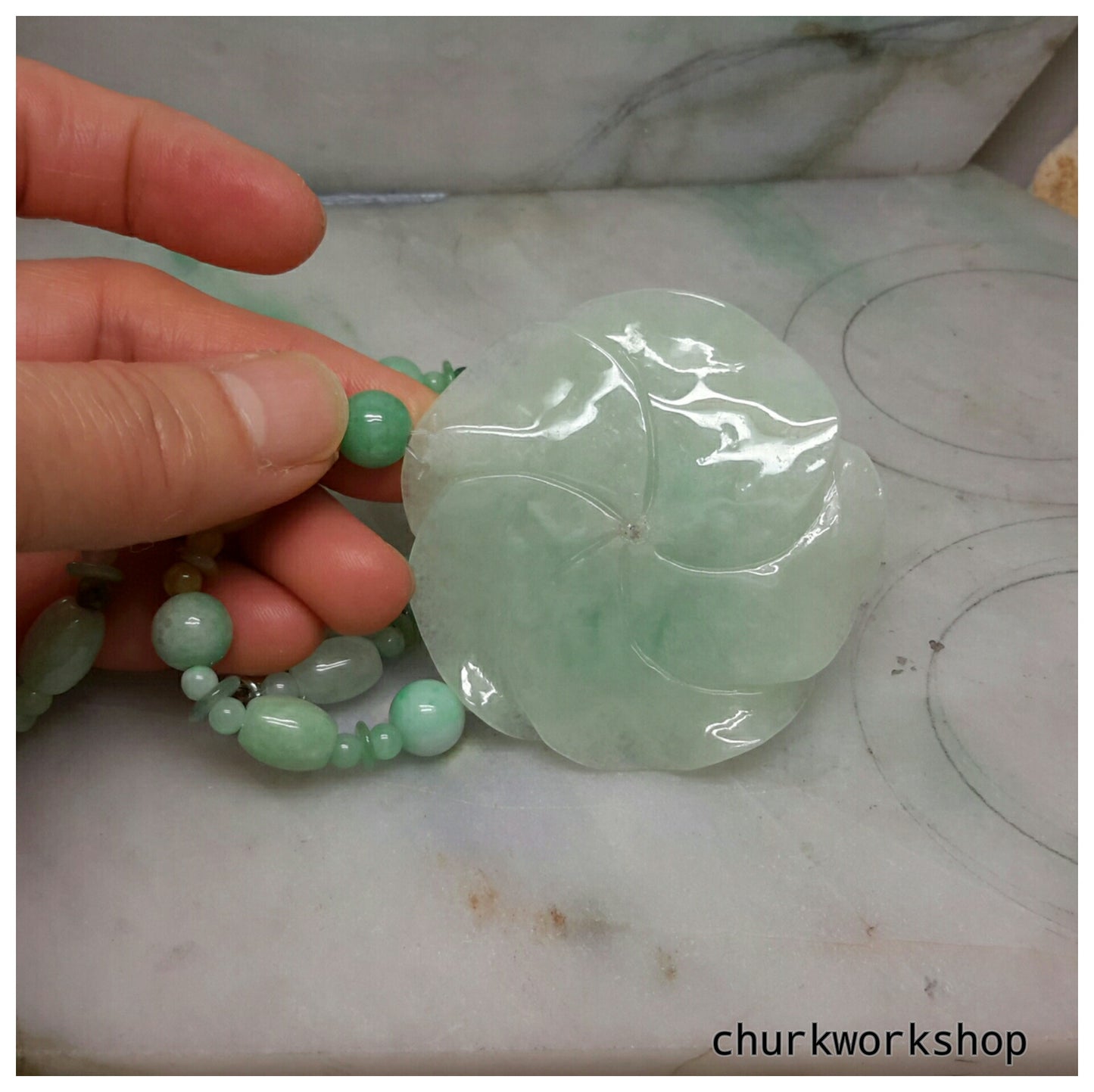Natural color jade flower with jade beads necklace