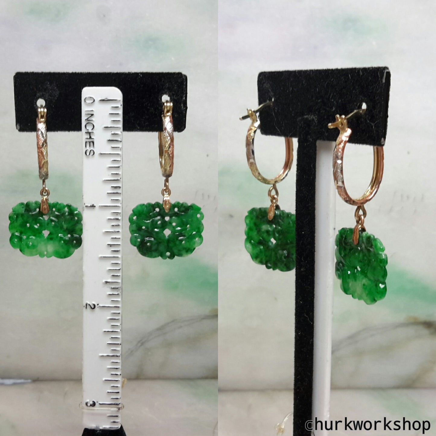Green carved jade earrings