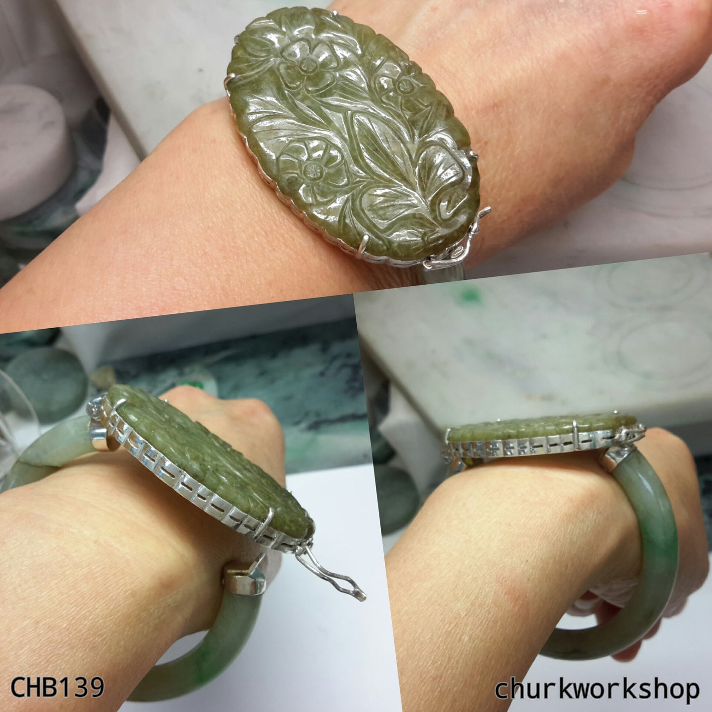 Jade flowers set with sterling silver bracelet