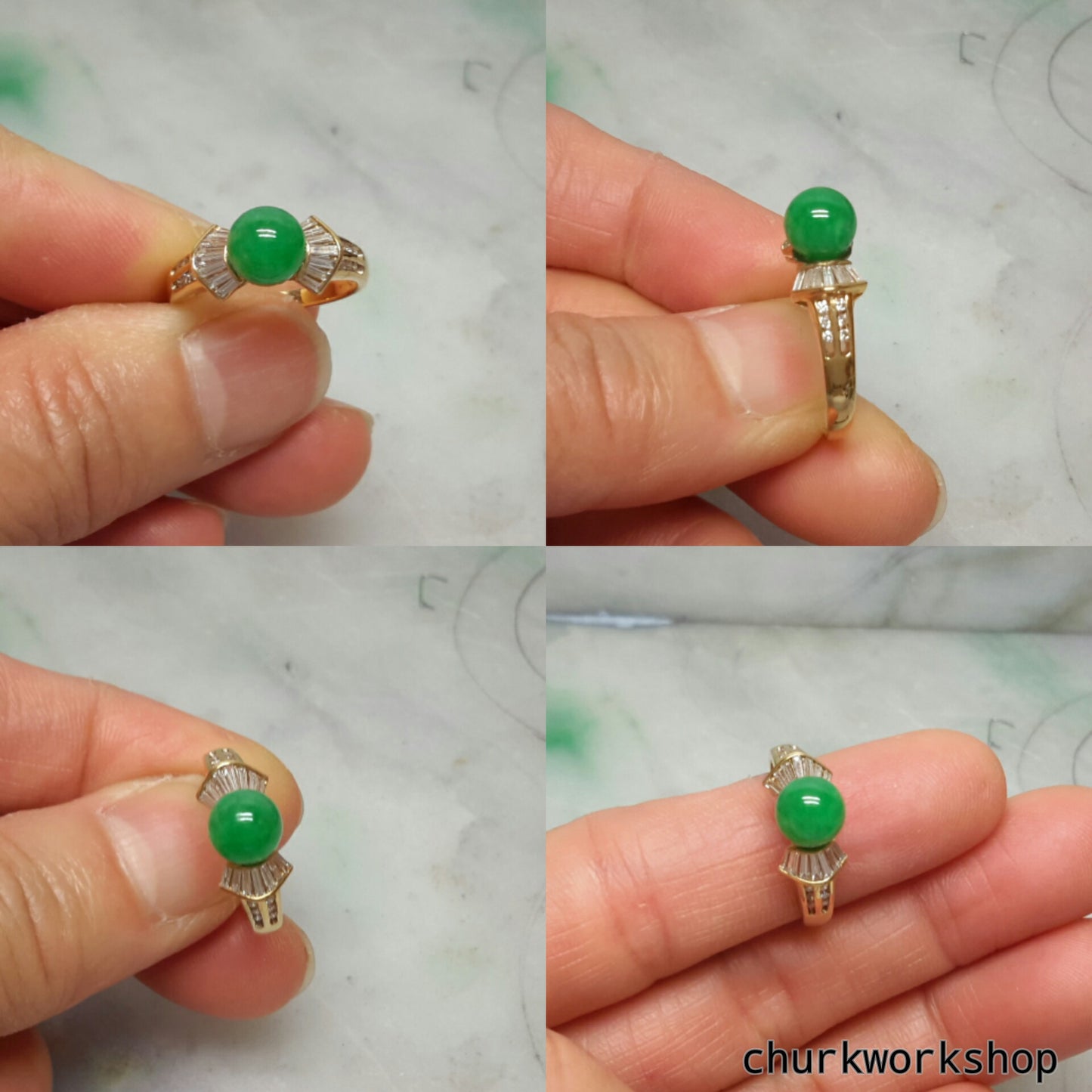 Green color jade ring, 18K bead ring