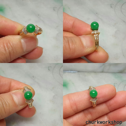 Green color jade ring, 18K bead ring