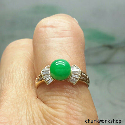 Green color jade ring, 18K bead ring