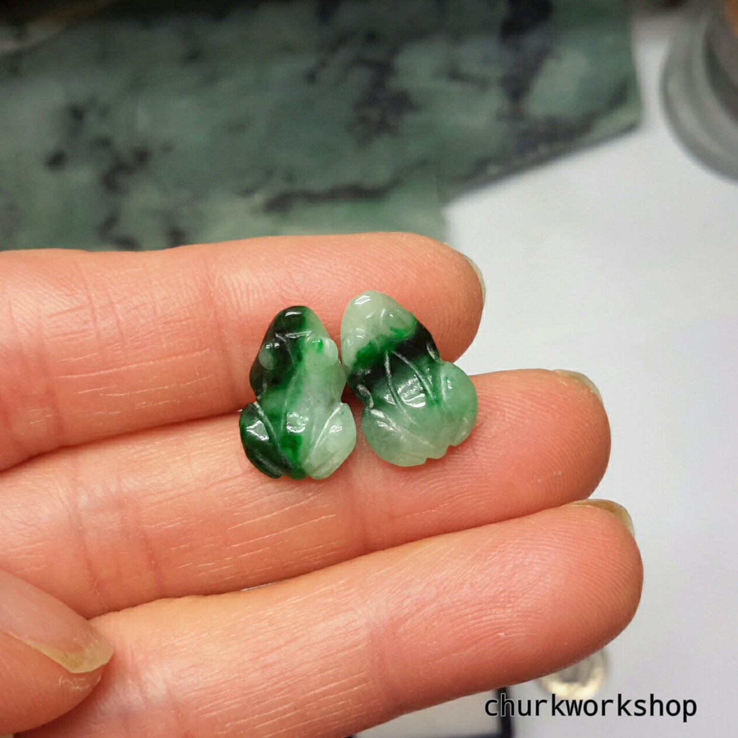 Green jade frog silver ear stud