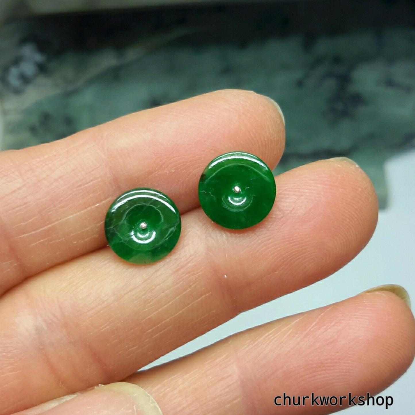 Dark green color jade ear studs
