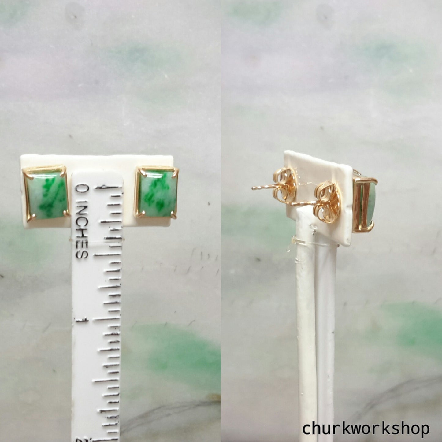 Green jade 14K yellow gold ear studs
