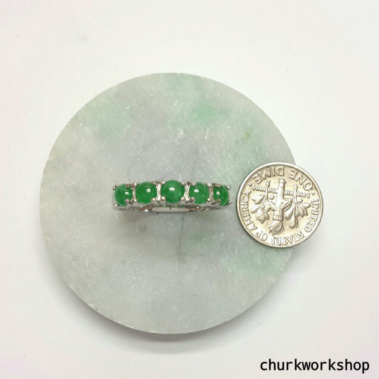Small discs green jade ring, small jade silver ring