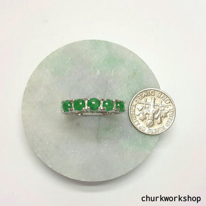 Small discs green jade ring, small jade silver ring