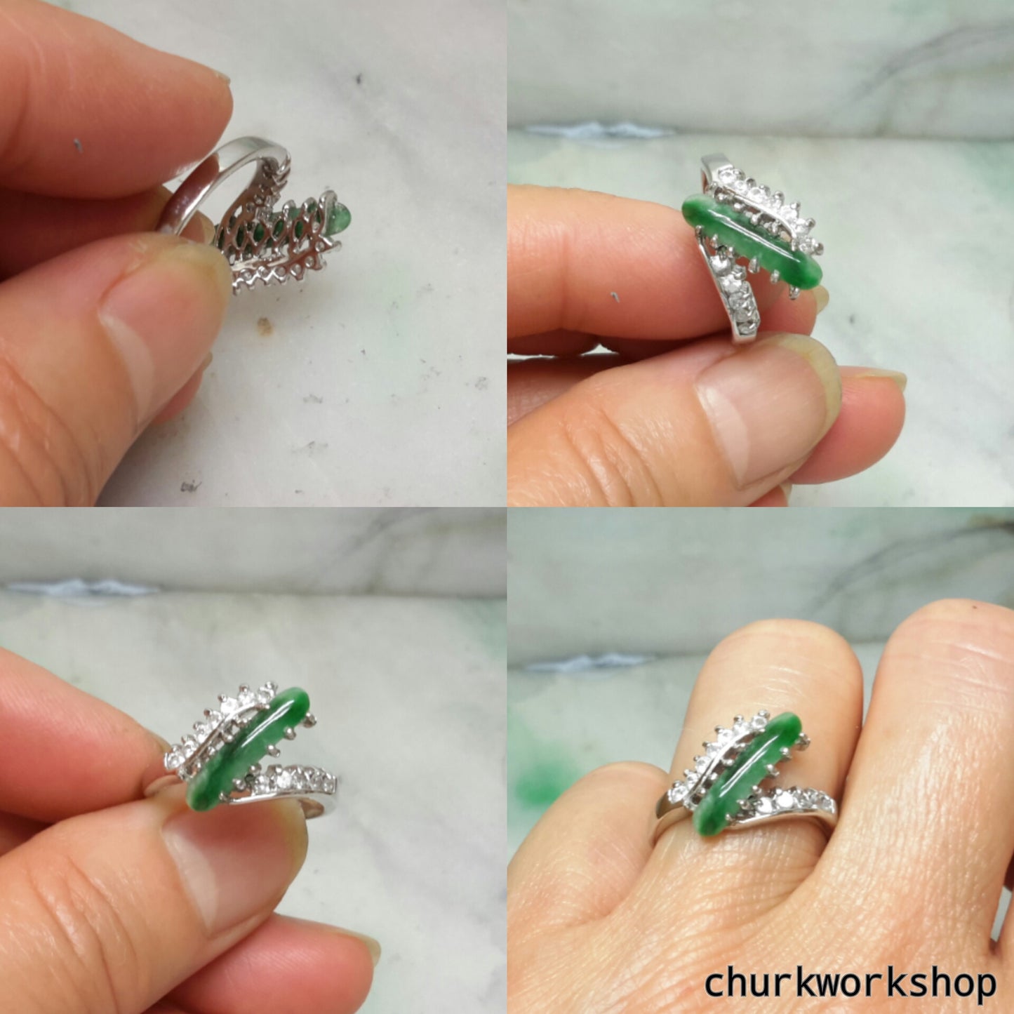 Green jade ring, silver jade ring