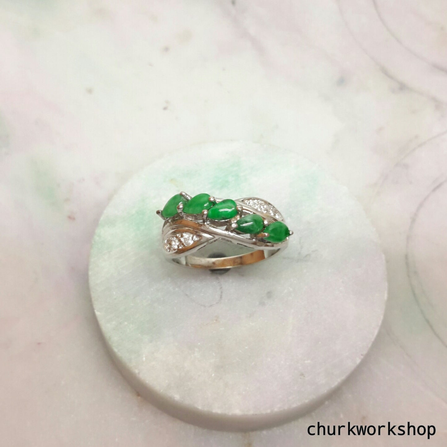 Green jade ring, small jade silver ring