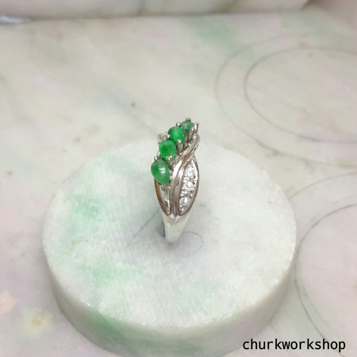 Green jade ring, small jade silver ring