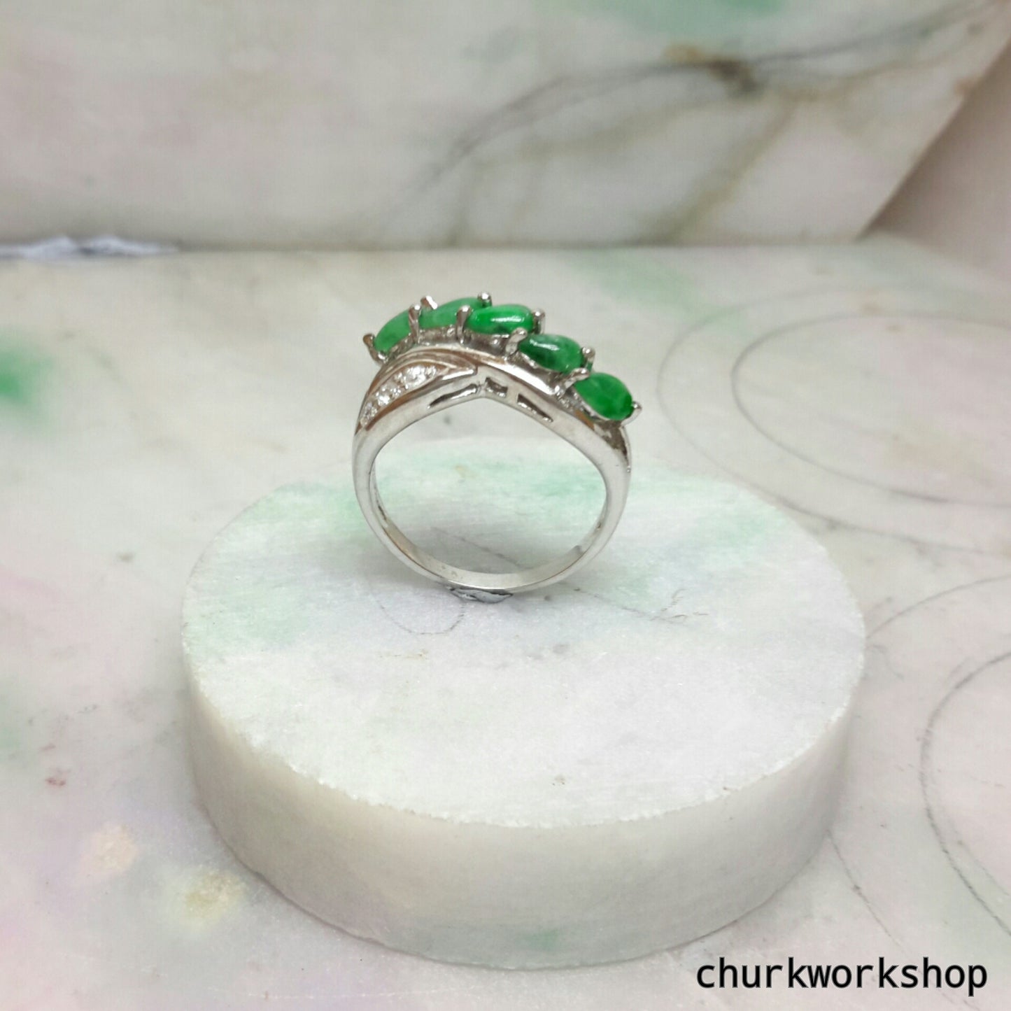 Green jade ring, small jade silver ring