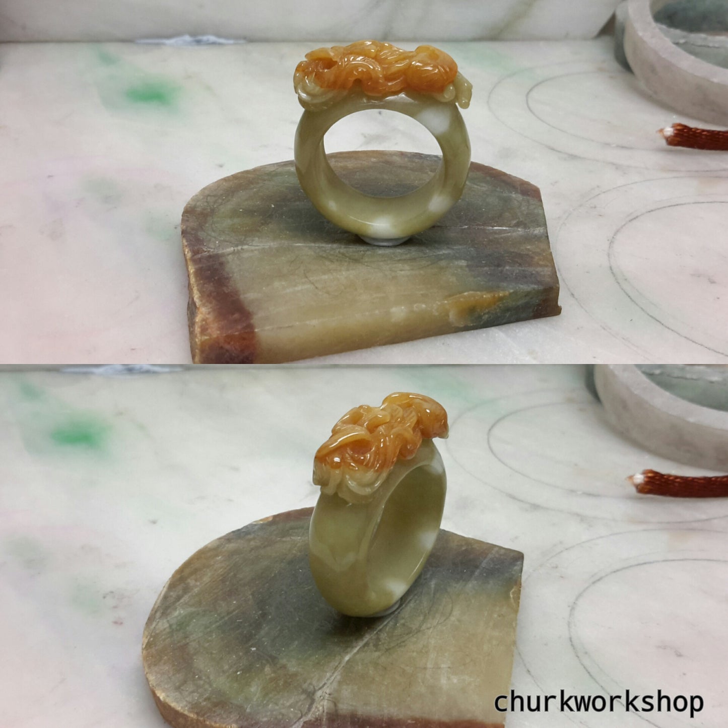 Unisex red carved jade ring
