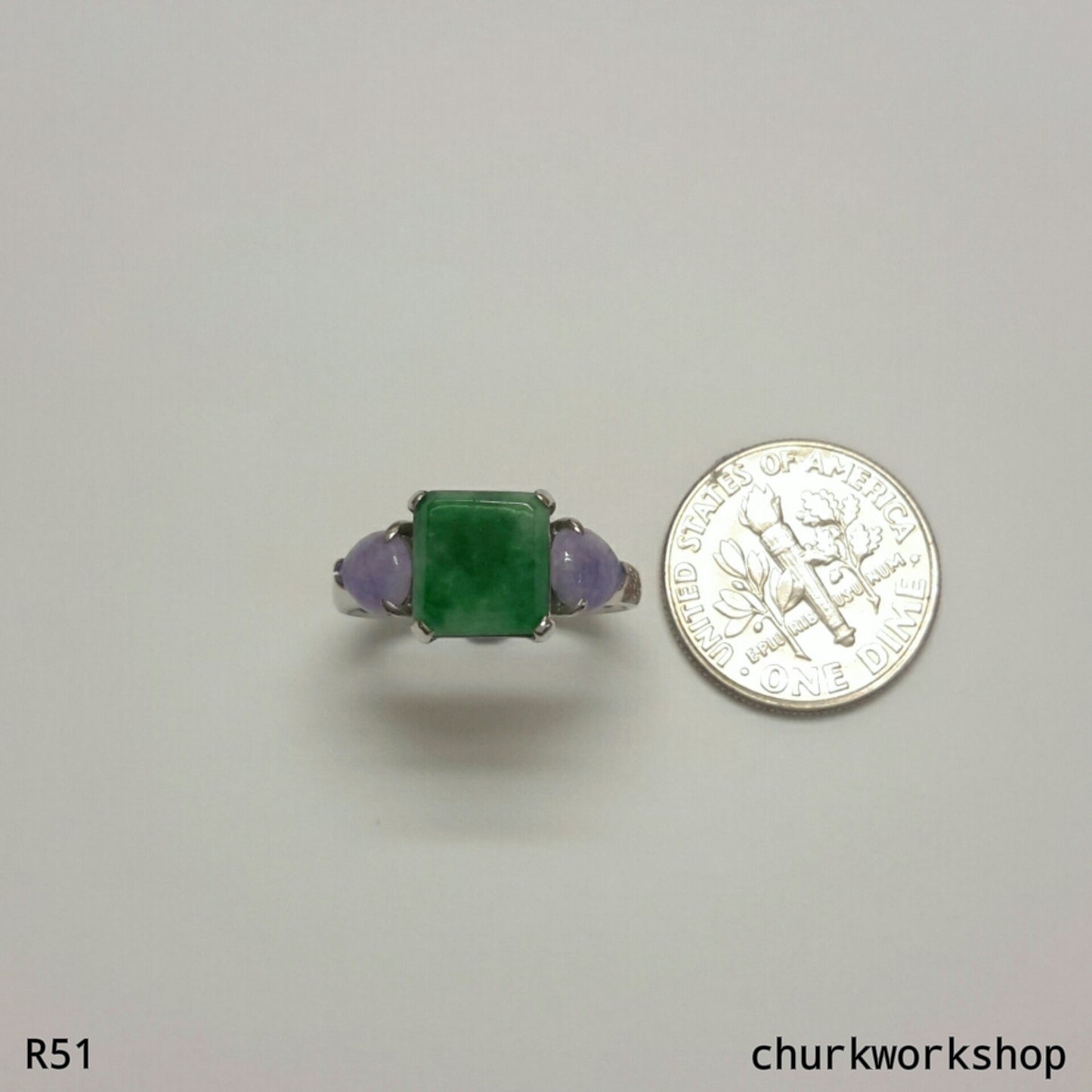 Green square jade ring 14K white gold