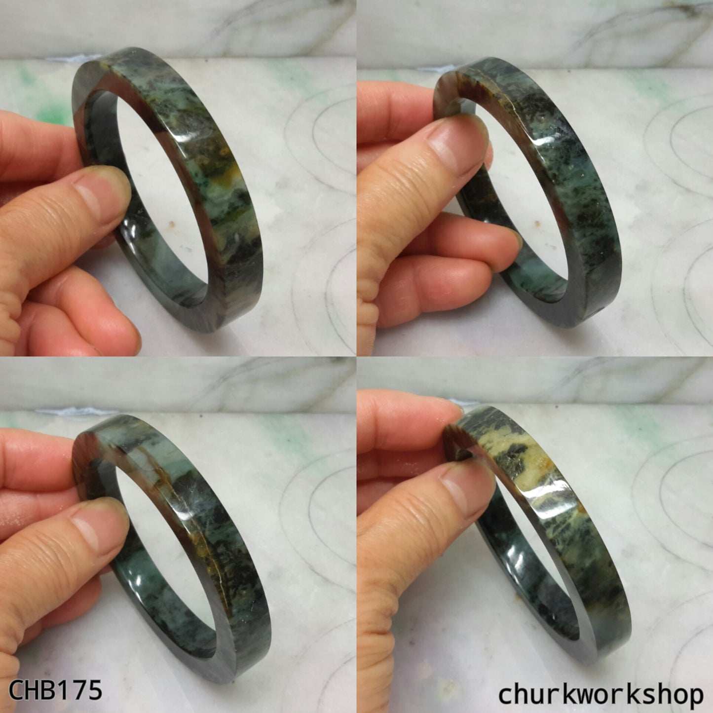 Natural dark green square jade bangle