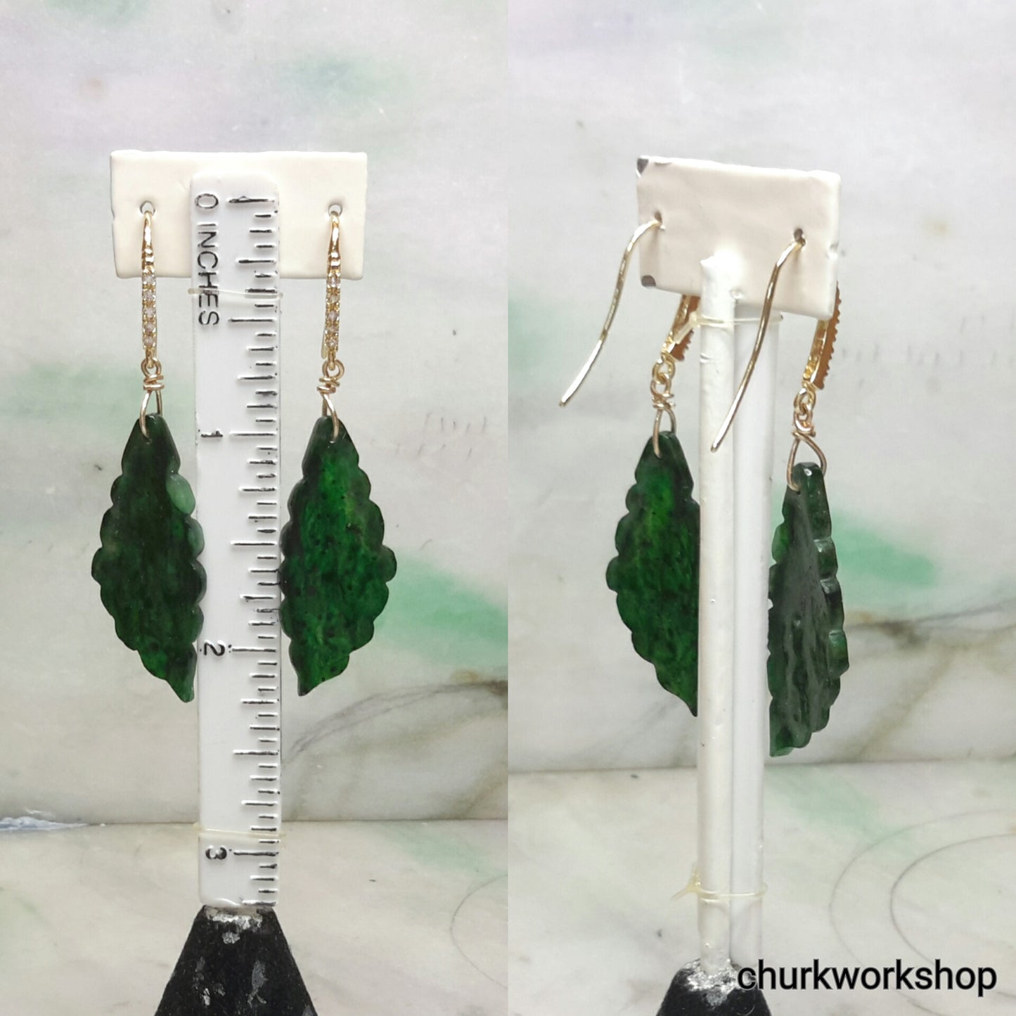 Dark jade earrings 14k gold plated over silver
