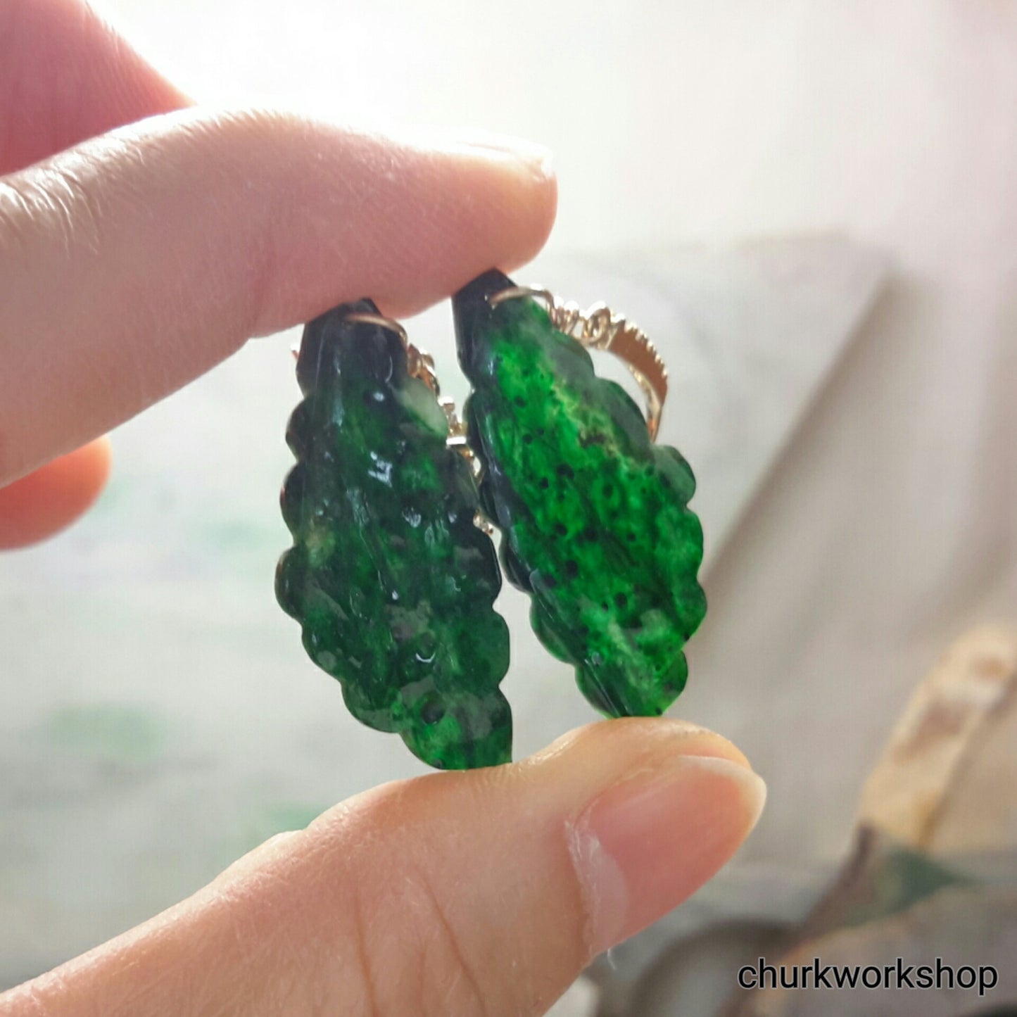 Dark jade earrings 14k gold plated over silver