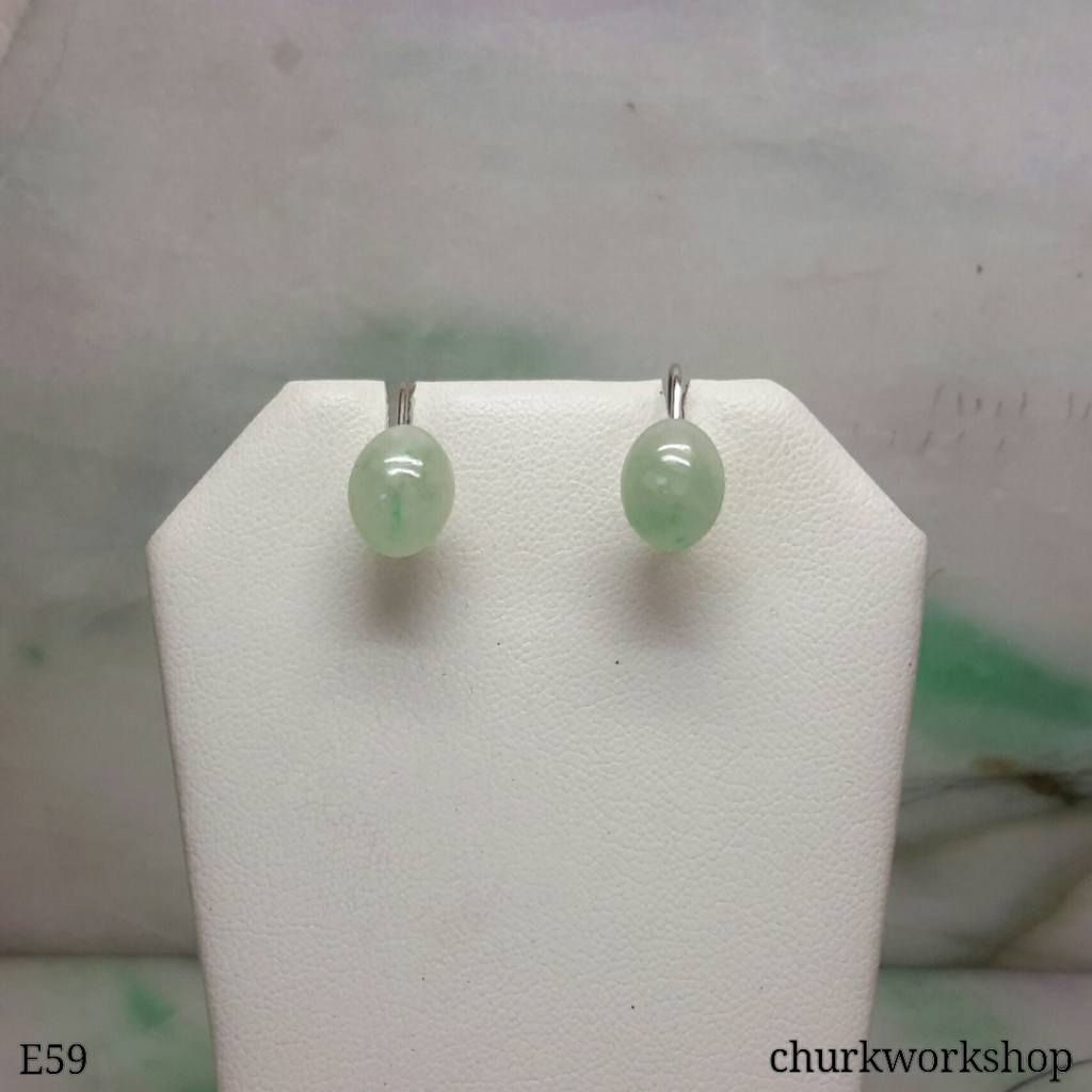 Pale green jade cabochon silver earrings