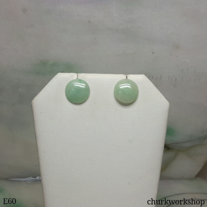 Pale green jade disc silver ear studs