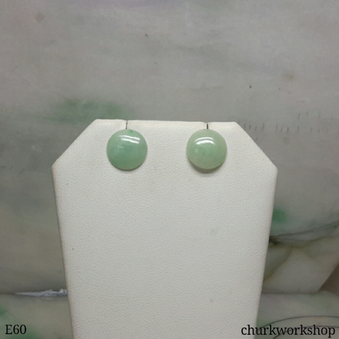 Pale green jade disc silver ear studs