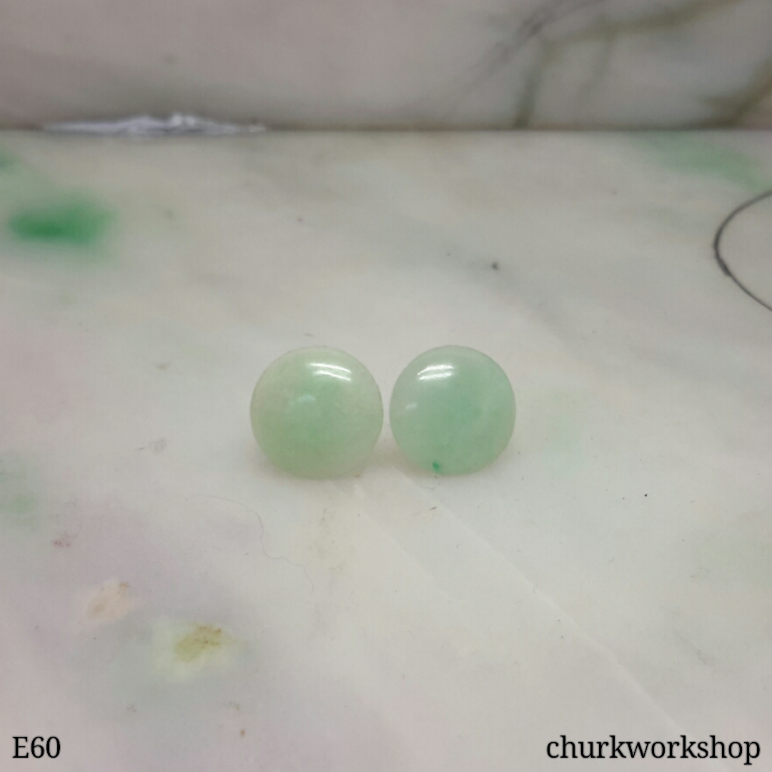 Pale green jade disc silver ear studs