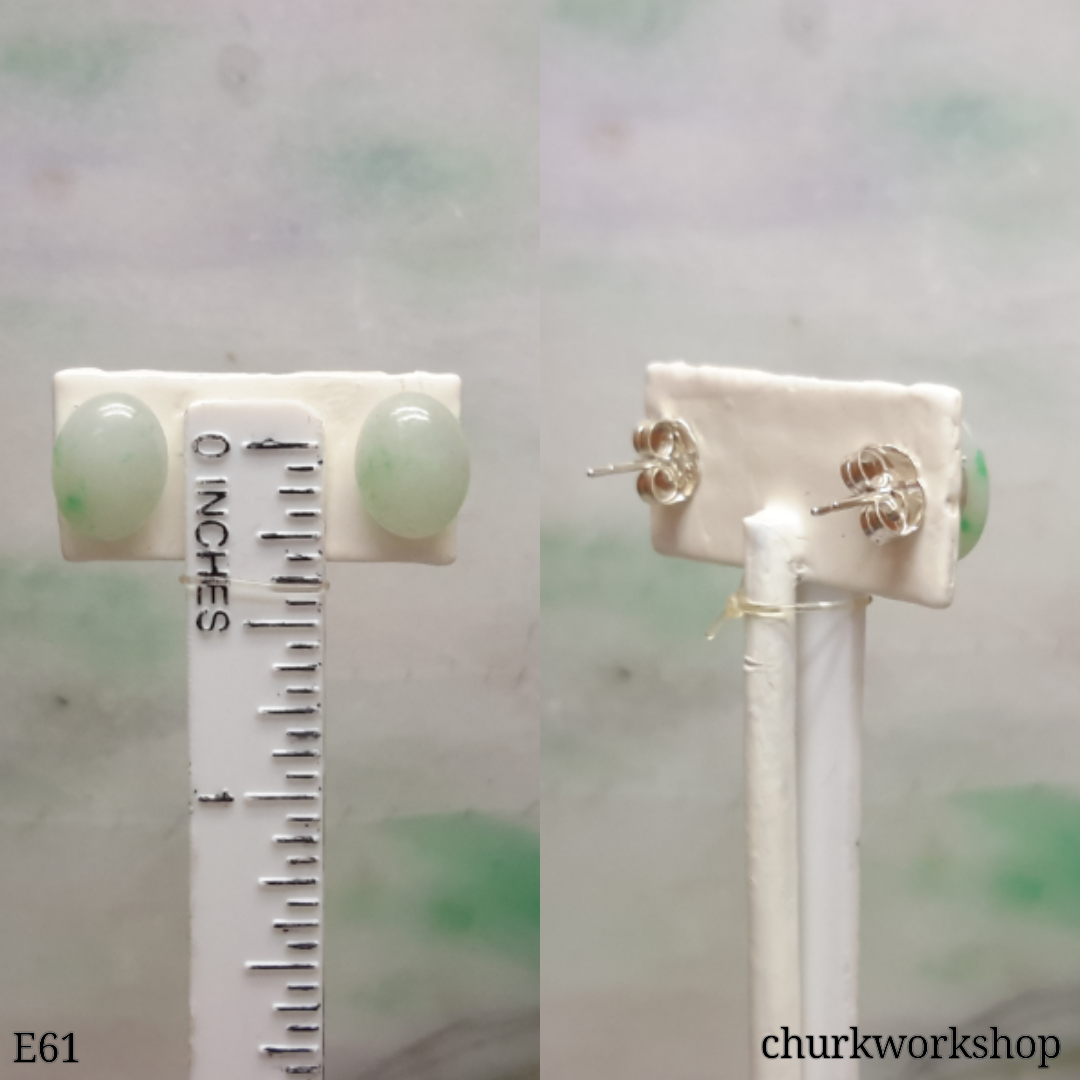 Pale green jade cabochon silver ear studs