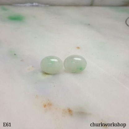 Pale green jade cabochon silver ear studs