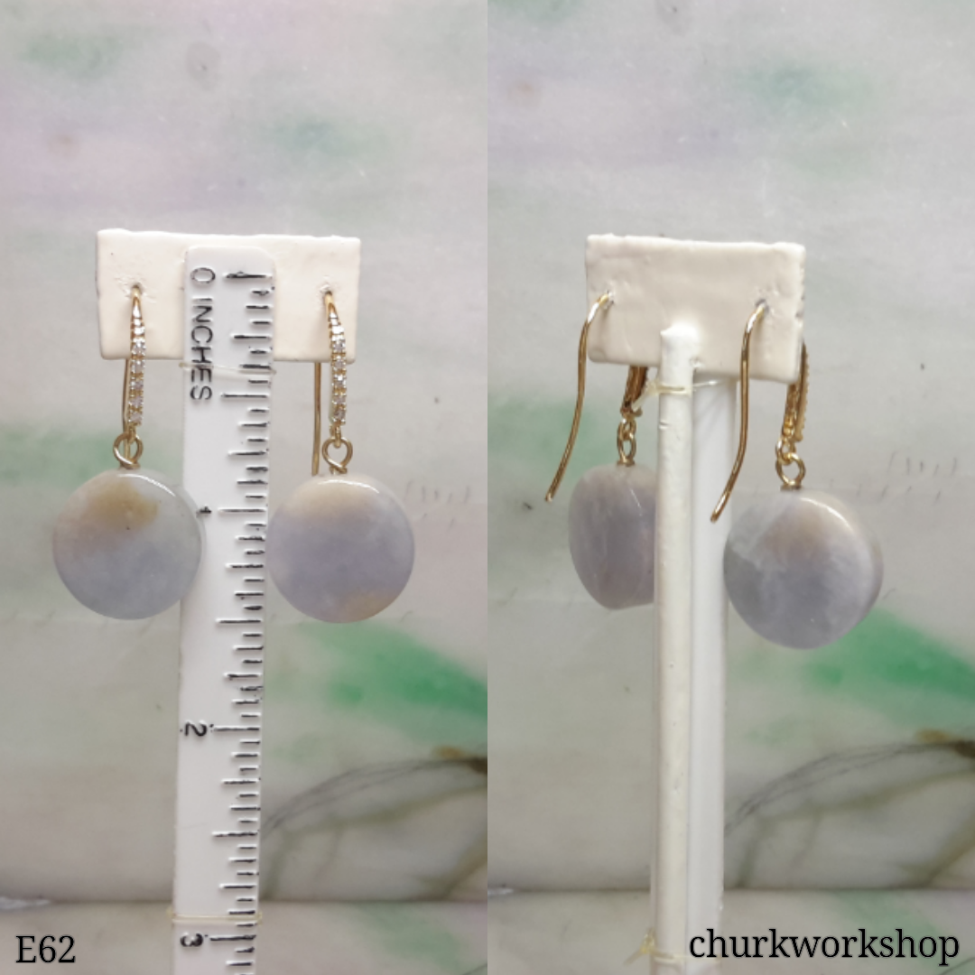 Pale lavender flat circle jade ear hooks