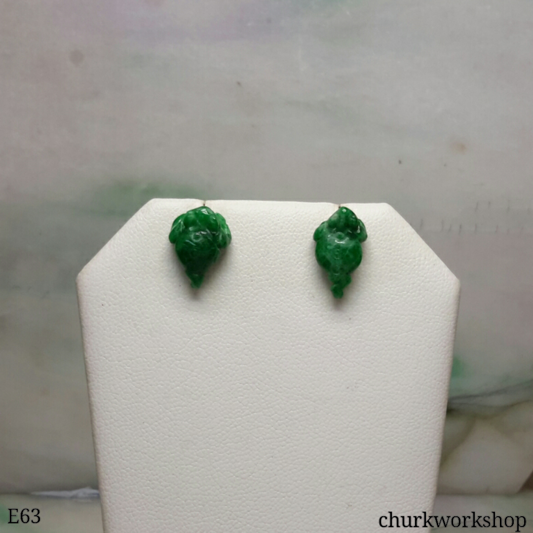 Green jade lucky toad silver ear studs
