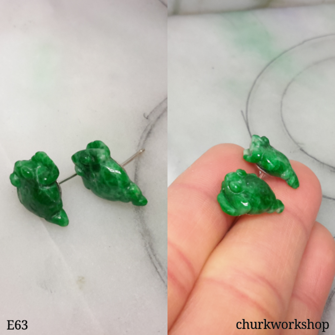 Green jade lucky toad silver ear studs