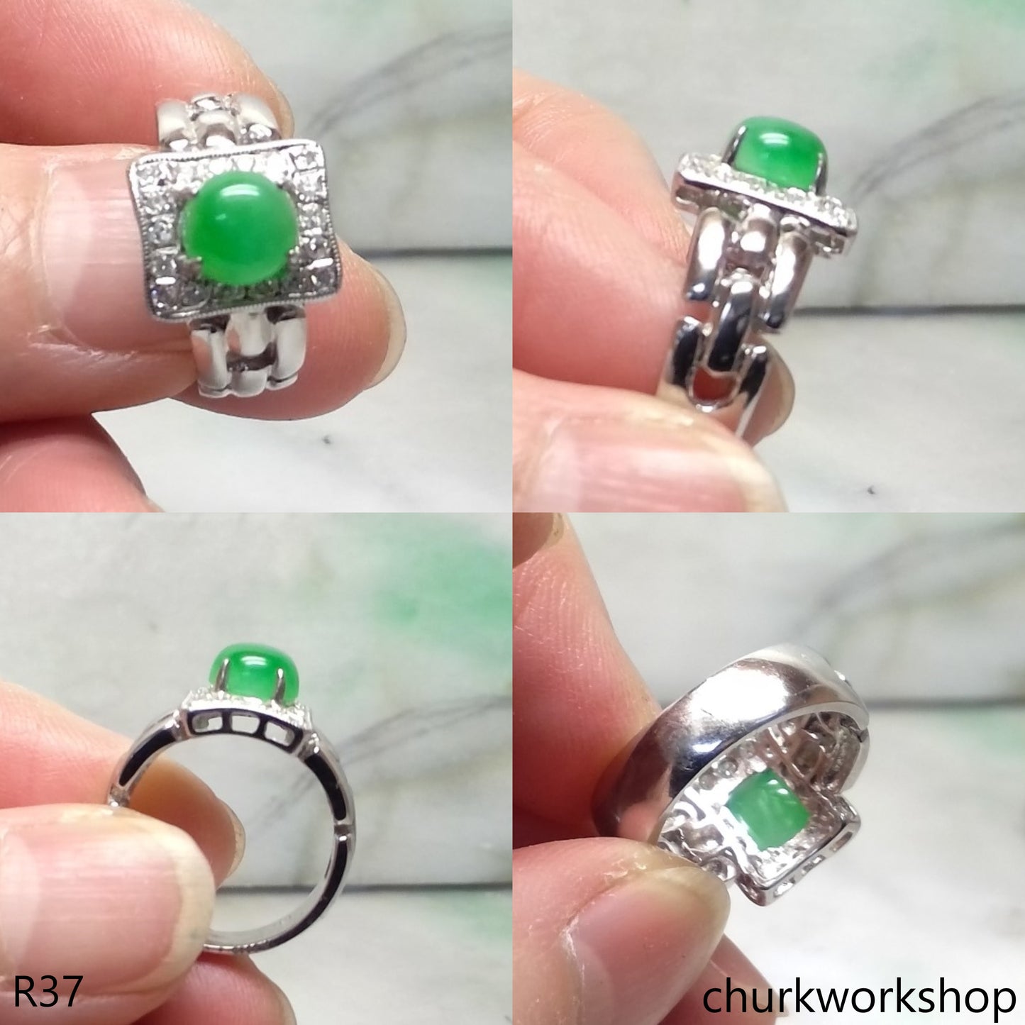 Green jade ring, 14k white gold jade
