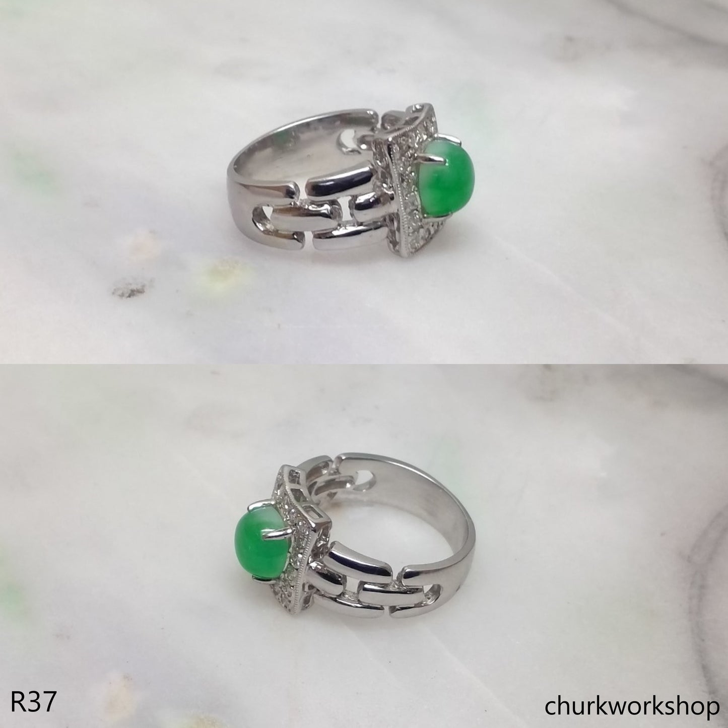 Green jade ring, 14k white gold jade