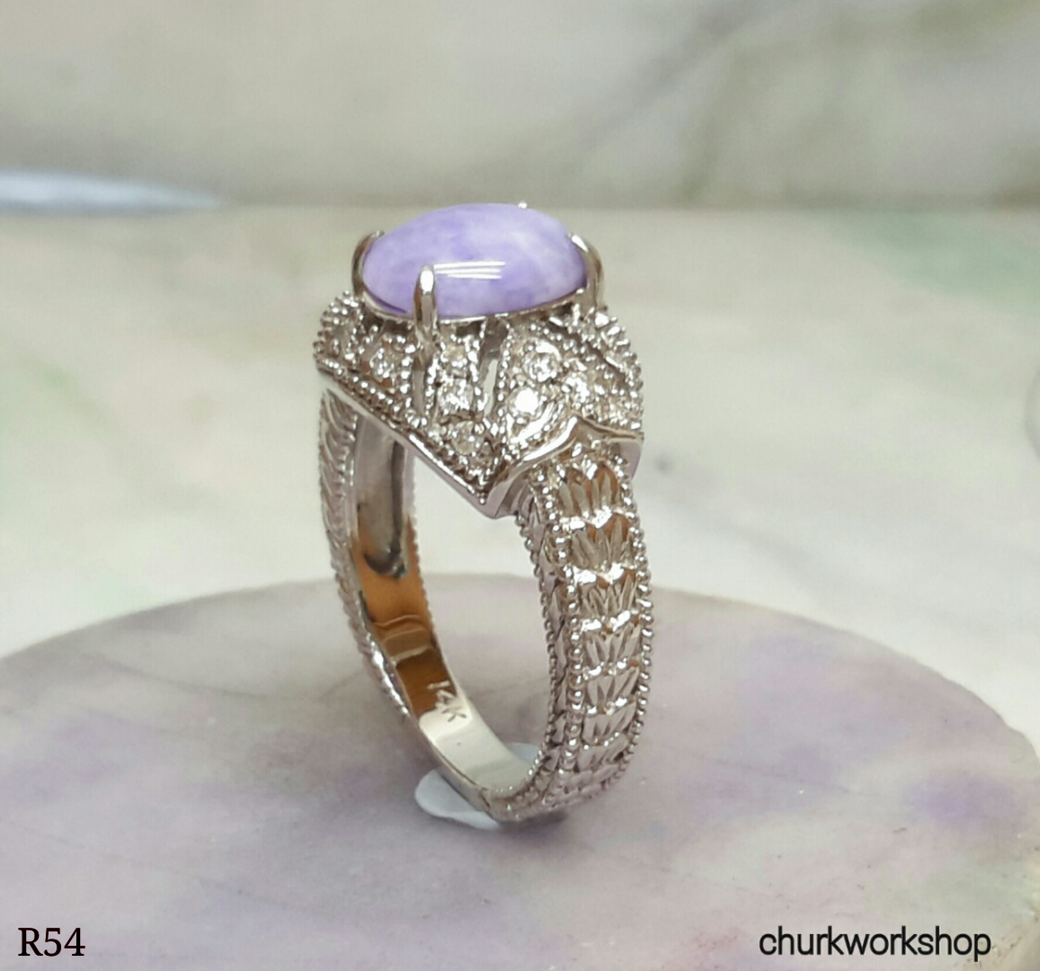 14k white gold diamond lavender jade ring