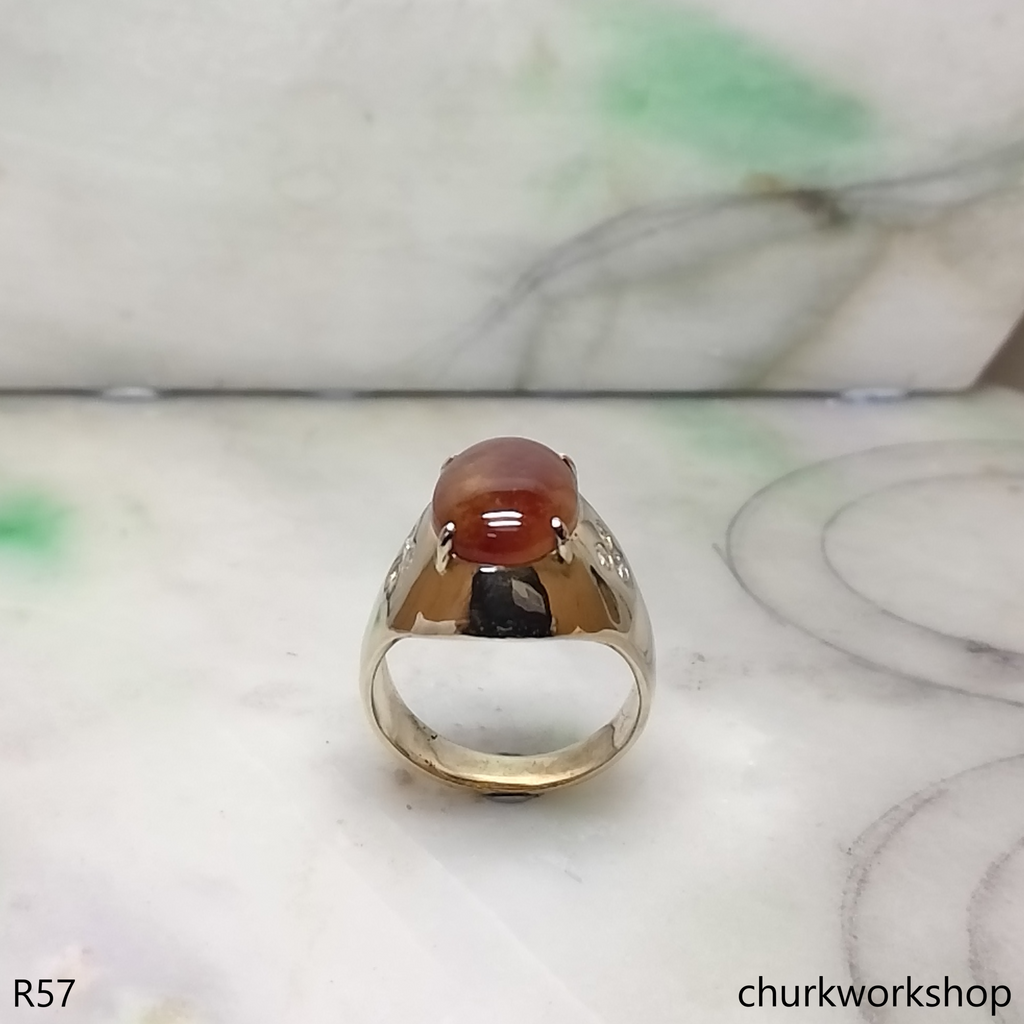 14k yellow gold red jade man's ring