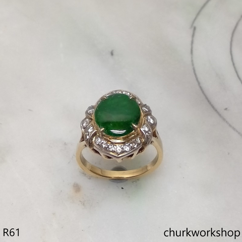 14k yellow gold diamond dark green jade ring