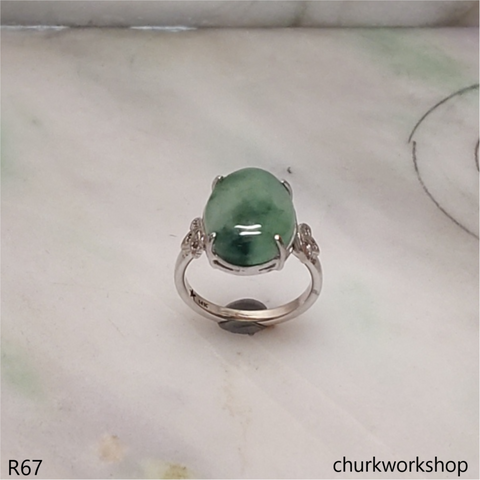 Bluish green jade cabochon ring 14K white gold