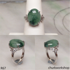 Bluish green jade cabochon ring 14K white gold