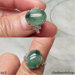 Bluish green jade cabochon ring 14K white gold