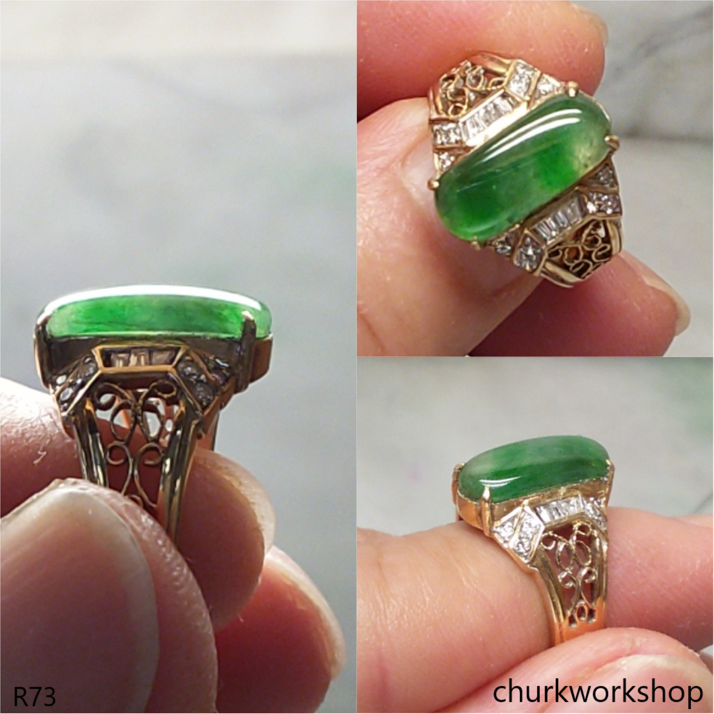 18K yellow gold diamond green jade ring