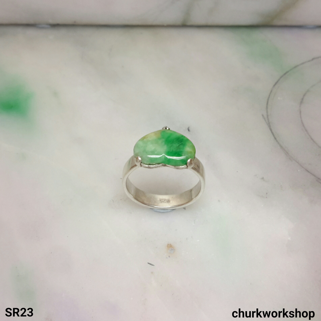 Green heart jade silver ring, heart jade ring